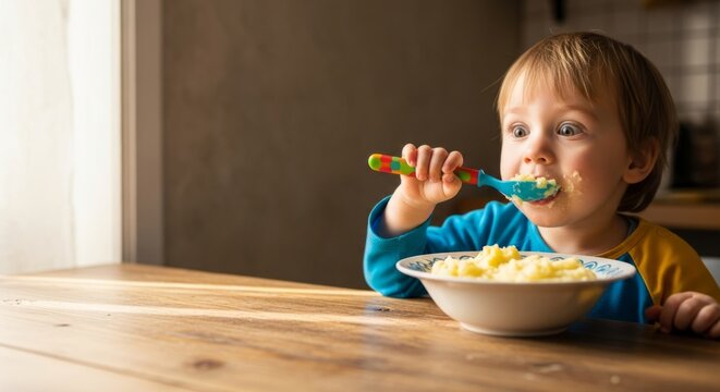 Toddler eating mashed potatoes with colorful spoon, natural light