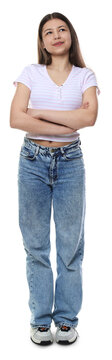 Portrait of beautiful teenage girl on white background