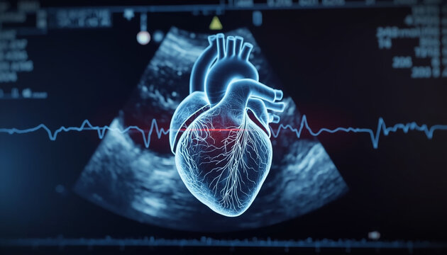 3d of a human heart with coronary arteries on medical monitor