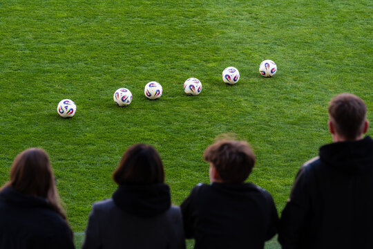 LUBIN, POLAND - APRIL 11,  2026: Football match between KGHM Zaglebie Lubin vs  Radomiak Radom. Balls on the pitch before warmup and fans at the tribune.