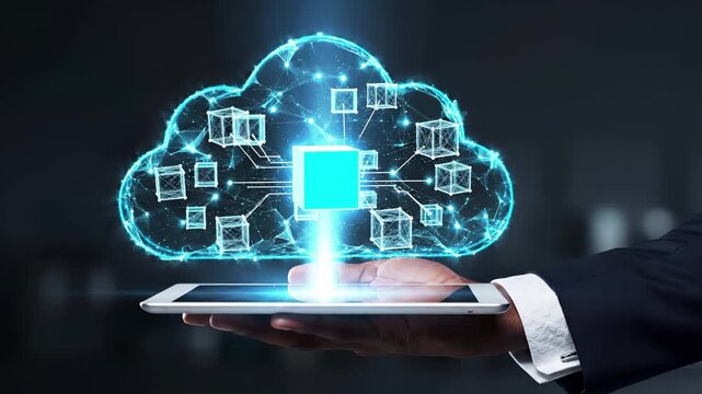 Cloud computing network with blockchain nodes and data cubes projected from tablet. Digital infrastructure and distributed technology platform for business management and enterprise connectivity
