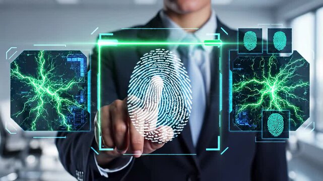 Businessman presses glowing digital fingerprint on biometric scanner with identity verification interface and lightning energy elements. Cyber security and authentication access control technology
