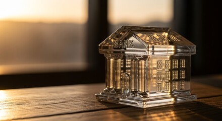 Fototapeta premium Glass Bank Model on Desk at Golden Hour
