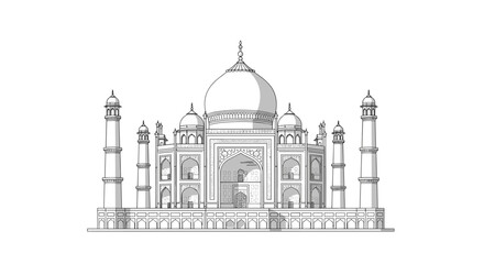 Fototapeta premium A meticulous black and white line art illustration showcases the intricate architectural details of the Taj Mahal mausoleum on a plain white background.
