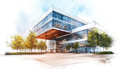 Obraz premium Modern office building architectural sketch, urban landscape, design concept, real estate