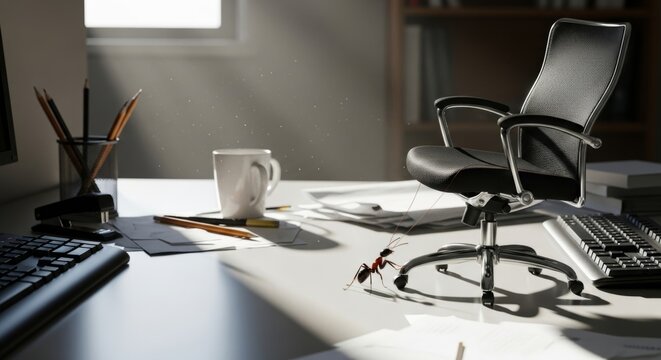 Ant pulling office chair on desk, concept of work stress