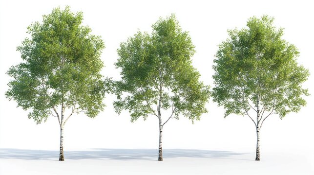 Three young birch trees on white background; landscaping design
