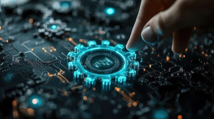 Obraz premium Finger activates digital gear; circuit board background; technology concept; website illustration
