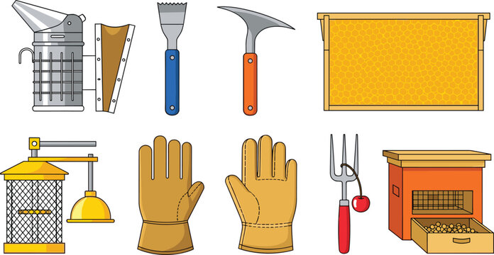 Beekeeping Tools and Equipment Vector Icon Set with Smoker, Hive Tool, Uncapping Fork, Frame, Gloves, Feeder, and Beehive Box for Apiary and Honey Farming Design