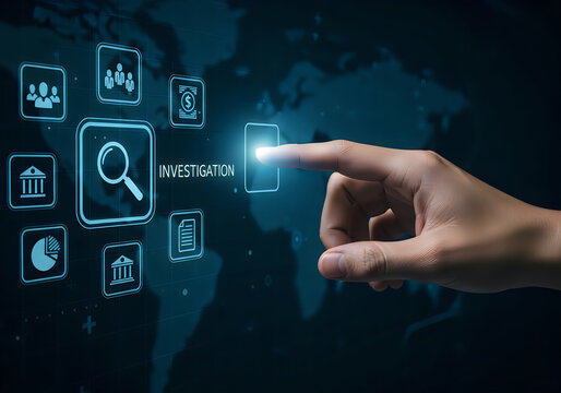 Business investigation concept with hand touching a glowing button on a dark background