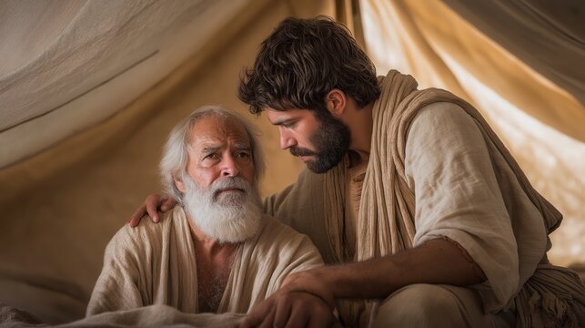 An intimate interior tent scene of jacob receiving isaac&rsquo;s blessing with isaac seated blind and jacob leaning forward in disguise, capturing deception and destiny under soft filtered light.