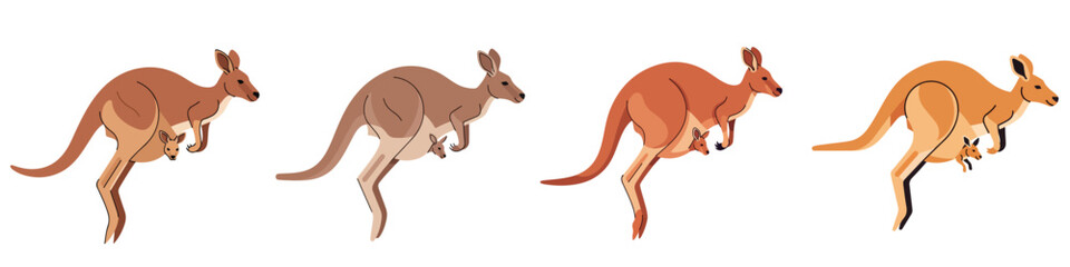 Clean flat vector of a hopping kangaroo with a joey in its pouch, colors, simplified shapes, white backdrop. © Haris Lost