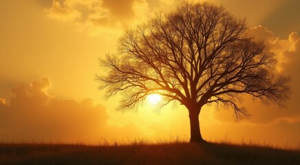 Fototapeta premium Tree in a field with the sun setting behind it plant background
