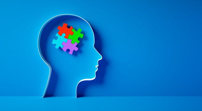 Conceptual artwork showing a 3D silhouette of a head with colorful puzzle pieces, symbolizing mental activity, intelligence, or creativity - 3D illustration on blue
