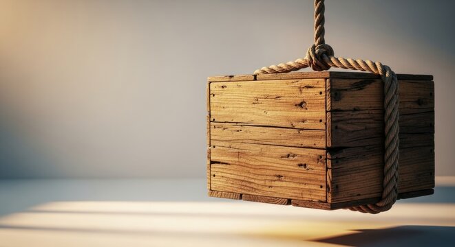 Wooden Box Suspended by Rope, Rustic Texture, Copy Space