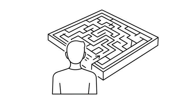 Confused businessman, maze problem, solution concept, line art