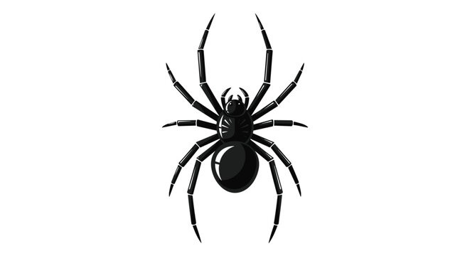 A detailed black spider with long segmented legs and a shiny thorax is depicted from a top-down perspective against a pristine white background.