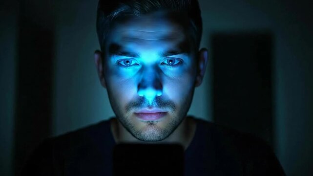 Man looks at phone screen in dark room with blue light flickering on his face while scrolling through content and changing images