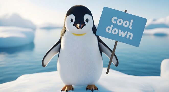 Cute cartoon penguin holding a sign that says "cool down" in an arctic landscape