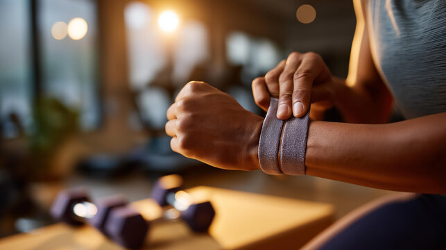 Close up of hands wrapping a resistance band around wrists before a shoulder exercise at a bright home gym the band showing elastic stretch and the wrists showing athletic