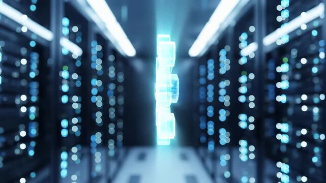 Glowing digital blockchain network node structure floating inside server data center facility with rack lights. Technology and distributed computing infrastructure for cloud