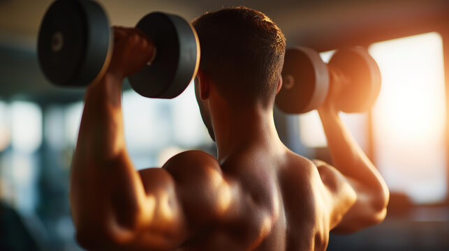 Close up of hands doing a dumbbell shoulder press from behind showing the back muscles and deltoids engaged the dumbbells at ear height and the shoulders showing definition warm