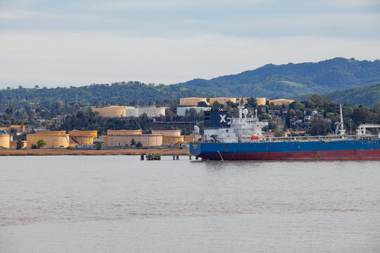 Oil tanker docked at the Martinez Refining Company storage facility in California