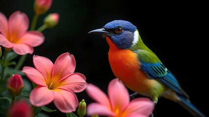 Fototapeta premium beautiful bird and flower on a black background