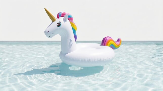 Colorful unicorn inflatable float in clear blue pool water, minimal summer leisure concept with copy space