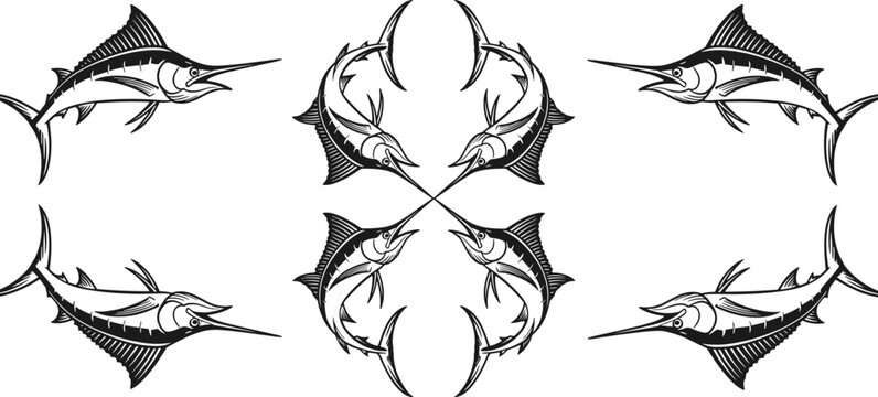 Vector illustration of symmetrical swordfish pattern with detailed line work in marine design
