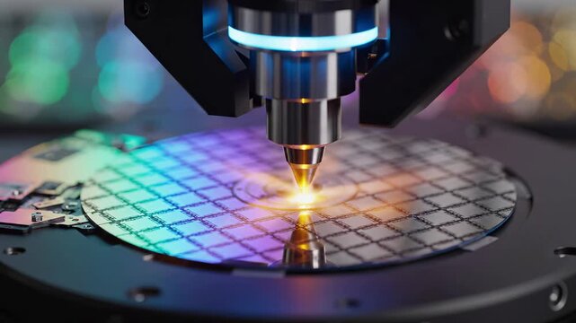 Laser precision tool cutting iridescent silicon wafer on semiconductor fabrication equipment in closeup view. Microchip manufacturing and production technology for advanced electronic industry