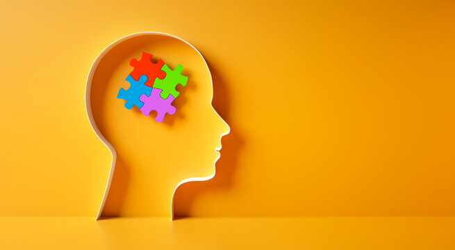 Conceptual artwork showing a 3D silhouette of a head with colorful puzzle pieces, symbolizing mental activity, intelligence, or creativity - 3D illustration on yellow background
