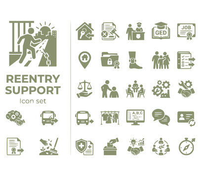 Prison Reform & Reentry Support Icon Set: Social Justice & Advocacy Vector