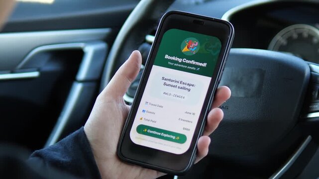 Close-up of a modern travel app interface showing trip confirmation and payment details. User managing vacation plans from a car seat. Ideal for fintech, mobile software demos, and the global tourism