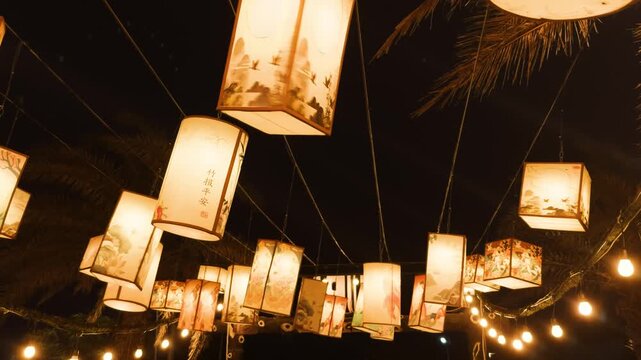 Traditional chinese lanterns illuminating a night sky, hanging from strings with decorative patterns and delicate calligraphy, creating a festive atmosphere for celebration and cultural events