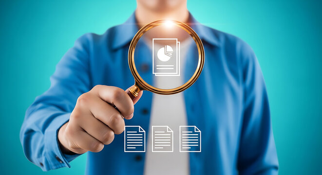Person inspecting documents with a magnifying glass, concept of data analysis and document review