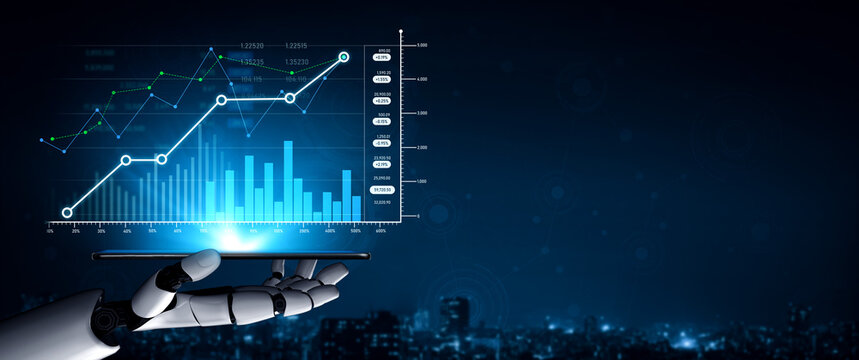 A robotic hand presents a tablet showcasing dynamic financial graphs and data analytics highlighting growth and performance against a night skyline. Scalp