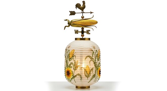 A decorative vase with a weather vane on top featuring a corn and rooster design