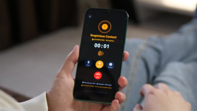 POV of a user receiving an anonymous suspicious call. Active call screen shows Unverified Caller alert. Essential footage for content about social engineering, phone harassment, robocalls, and