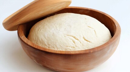 Fototapeta premium Rustic Wooden Bowl Holds Freshly Proved Dough Under a Partially Lifted Lid.