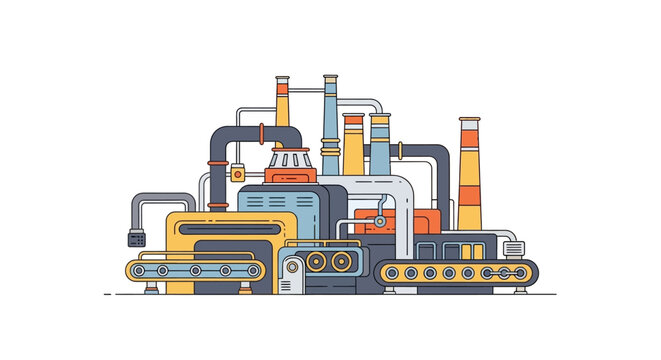 Conceptual vector illustration of an industrial factory, complete with pipes and smokestacks, presented in a cartoon style with bold outlines and a clean, modern design against a stark