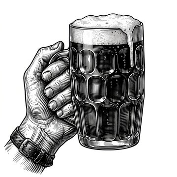 A hand holding a pint of beer, illustrated in a classic vintage sketch engraving style with scratchboard imitation, rendered as a black-and-white AI-generated raster illustration.