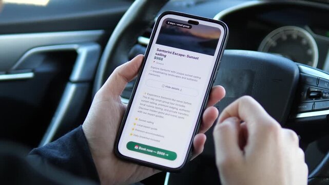 Close-up of a smartphone screen showing a 988 dollars Greece vacation deal. Captures the ease of modern travel planning from a car. Ideal for digital nomad content, travel agency ads, and lifestyle