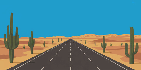 A lonely cactus stands beside an empty desert road under a wide open sky © sabia