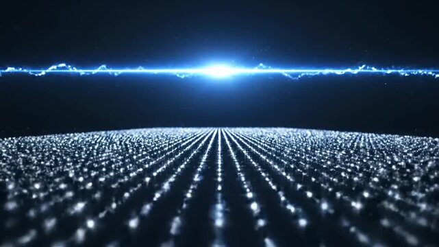 Futuristic digital landscape showcasing a grid pathway leading towards a glowing horizon