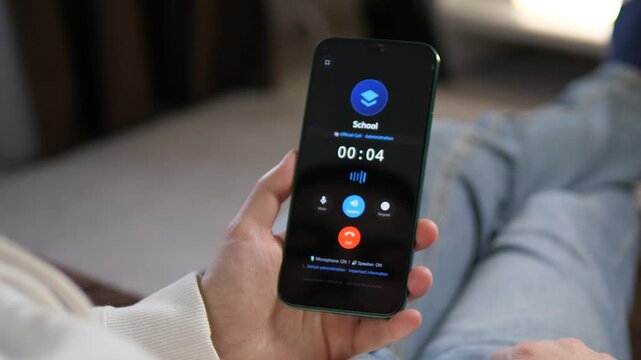 Person answering an official call from School Administration on a smartphone. High-quality footage of parental communication, educational alerts, or student news. Ideal for family life, parenting
