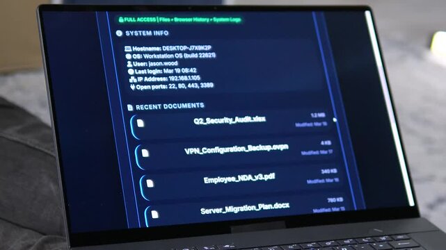 Hacker simulation interface on a laptop screen showing a successful system breach. Access Granted alert with data extraction and compromised files. Ideal for cybersecurity, cybercrime, and IT security