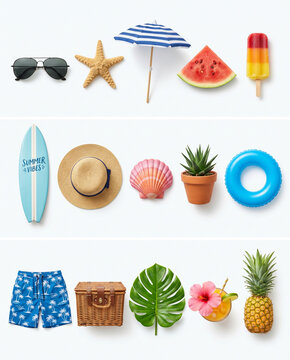 Top view collection of summer vacation and beach holiday items arranged neatly on a clean white background with flat lay straw hat potted plant inflatable ring swim shorts picnic basket vacation