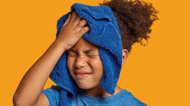 Sweaty child pressing cold wet towel to forehead with pained expression on bright orange background, summer heat relief and headache concept
