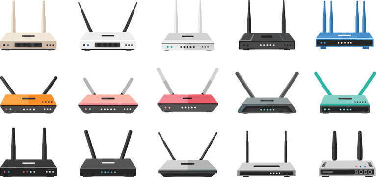 WiFi router vector set with different wireless internet devices, home and office networking equipment collection, modern technology illustration bundle isolated